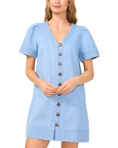 CeCe Button‑Front Denim Dress – Light Wash – Size L – 100% Cotton – NWT–MSRP$119
