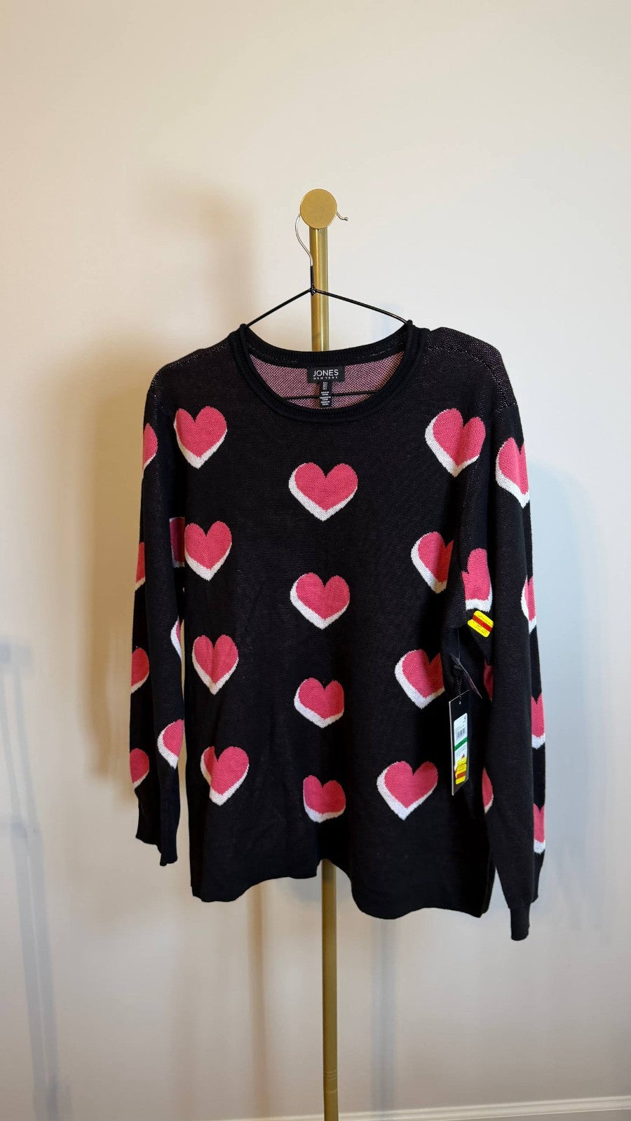 Jones New York Women’s Scatter Heart Crewneck Sweater Black Pink $99 NWT
