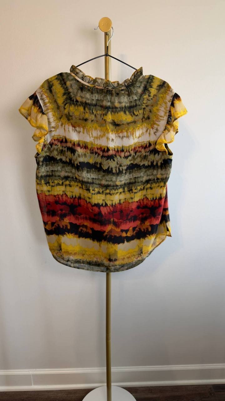 Anne Klein Printed Ruffled Neck Flutter Sleeve Chiffon Top Multi M NWT $79