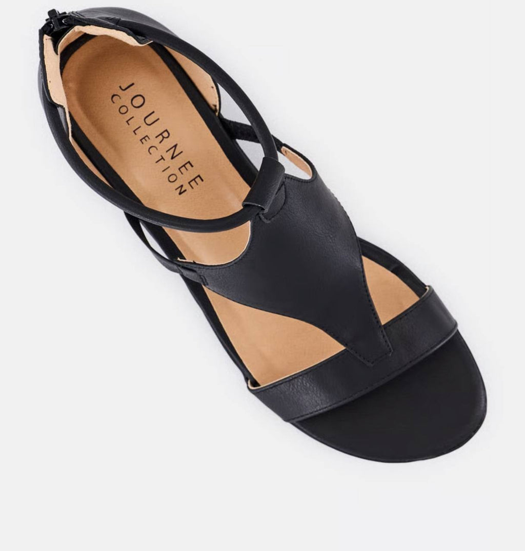 Journee Trayle Wide Wedge Sandals Black Faux Leather Zip Closure Womens 8.5