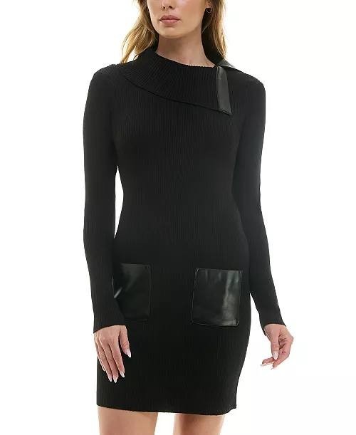 BCX Juniors Faux‑Leather Long‑Sleeve Sweater Dress – Size M – Black – NWT – $49