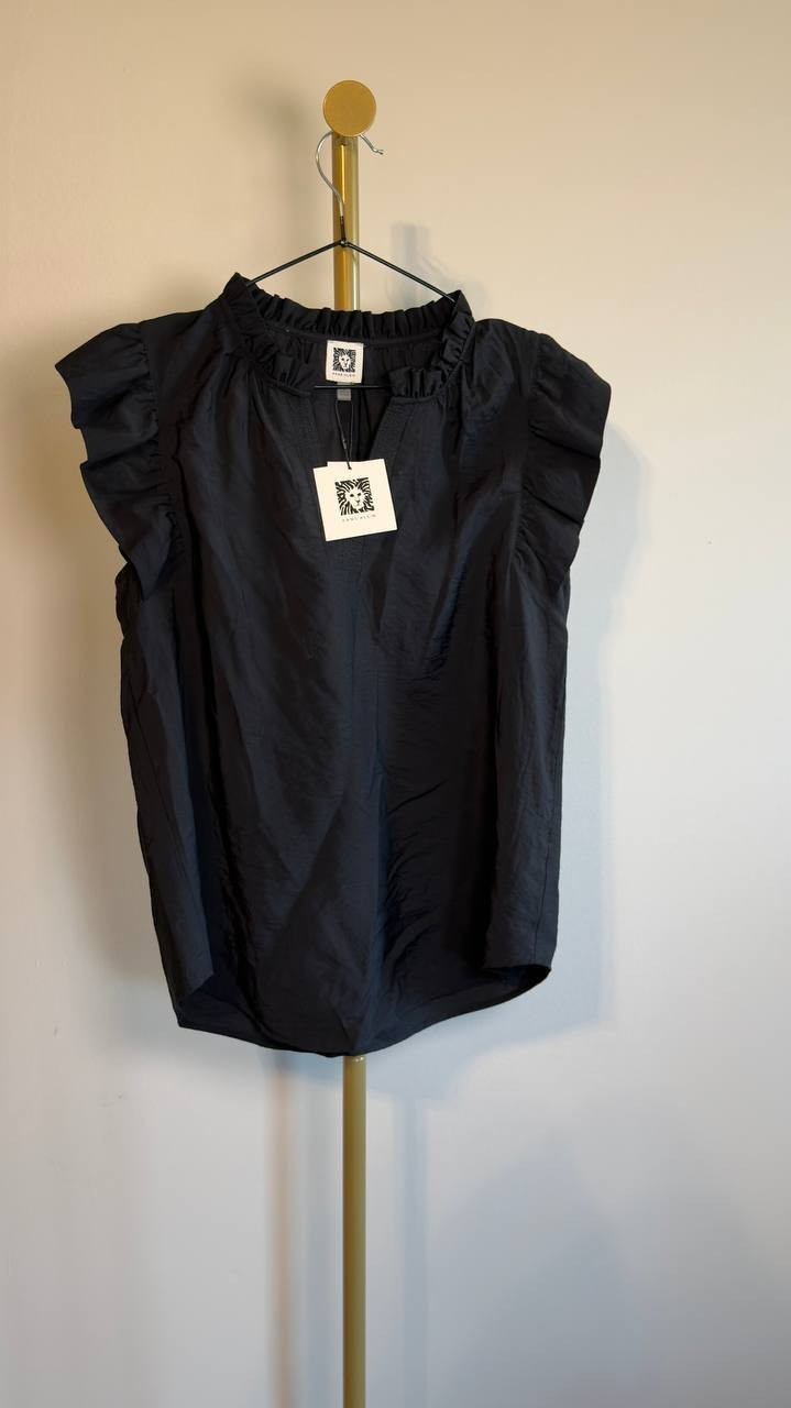 Anne Klein V‑Neck Flutter‑Sleeve Blouse Black S NWT $79