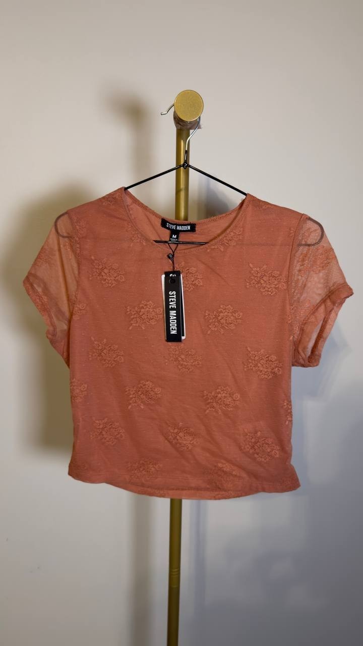 Steve Madden Peyton Mesh & Lace Top Brown M NWT $59