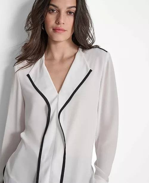 DKNY Long Sleeve Trimmed Lapel Blouse White Size PL NWT $69