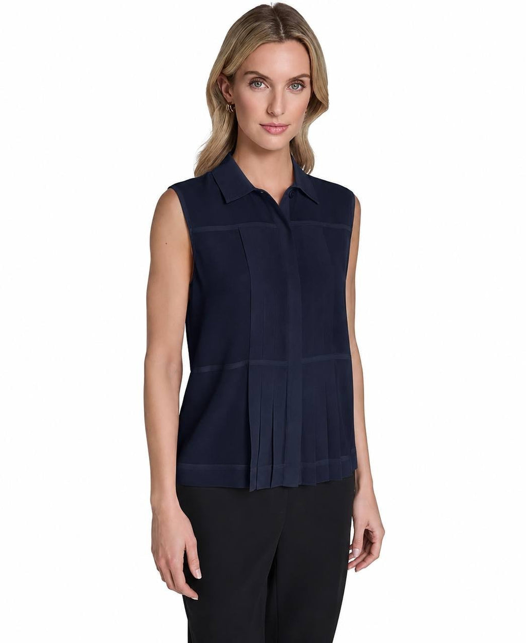 Calvin Klein Women’s Sleeveless Pleated Front Collared Blouse Navy M NWT $89