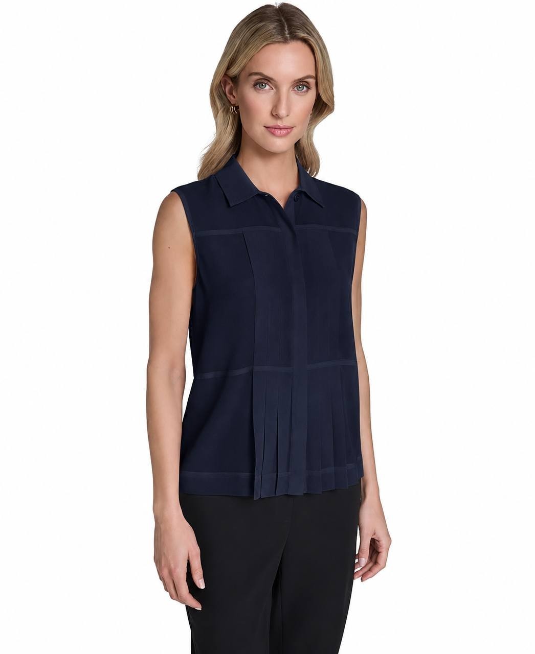 Calvin Klein Women’s Sleeveless Pleated Front Collared Blouse Navy M NWT $89
