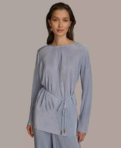 Donna Karan NY Plissé Tie‑Waist Blouse Glacial Blue XL NWT $79