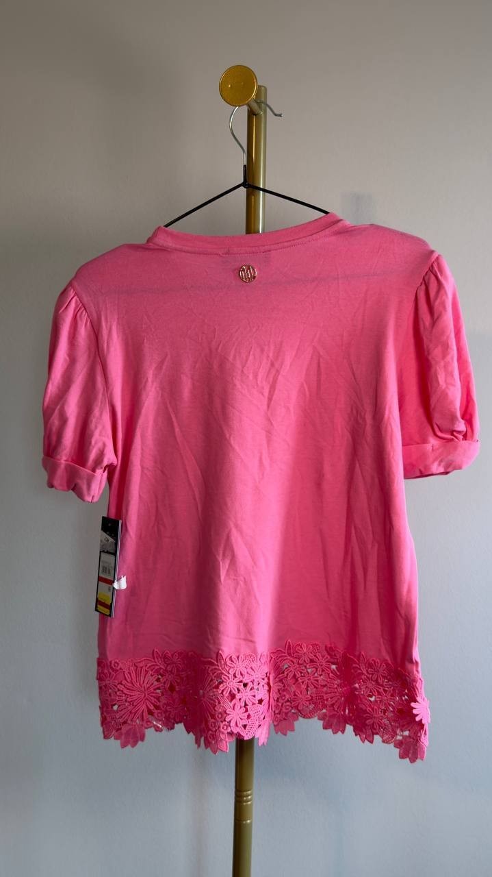 Karl Lagerfeld Cotton & Modal Floral Lace Hem Tee Pink Carnation XS NWT $79