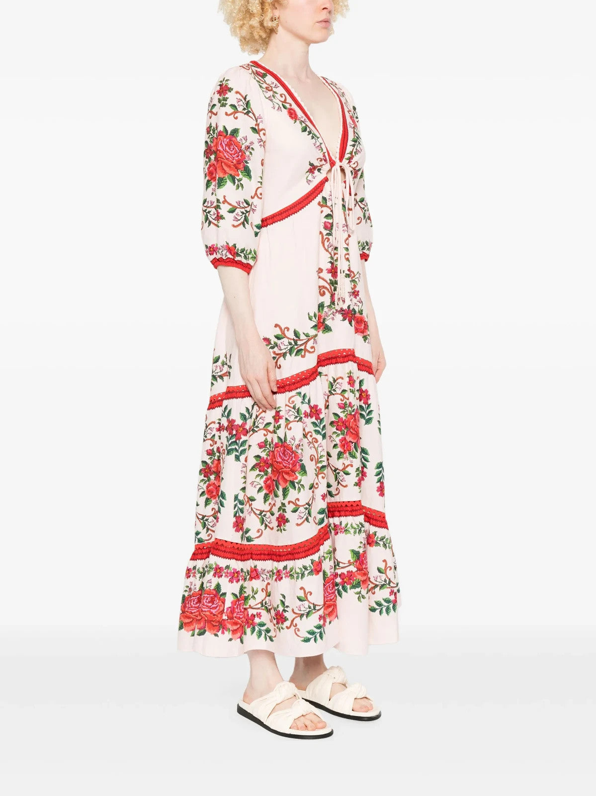 FARM Rio Floral Jacquard Maxi Dress Pink with Cutouts and Scalloped Edge M