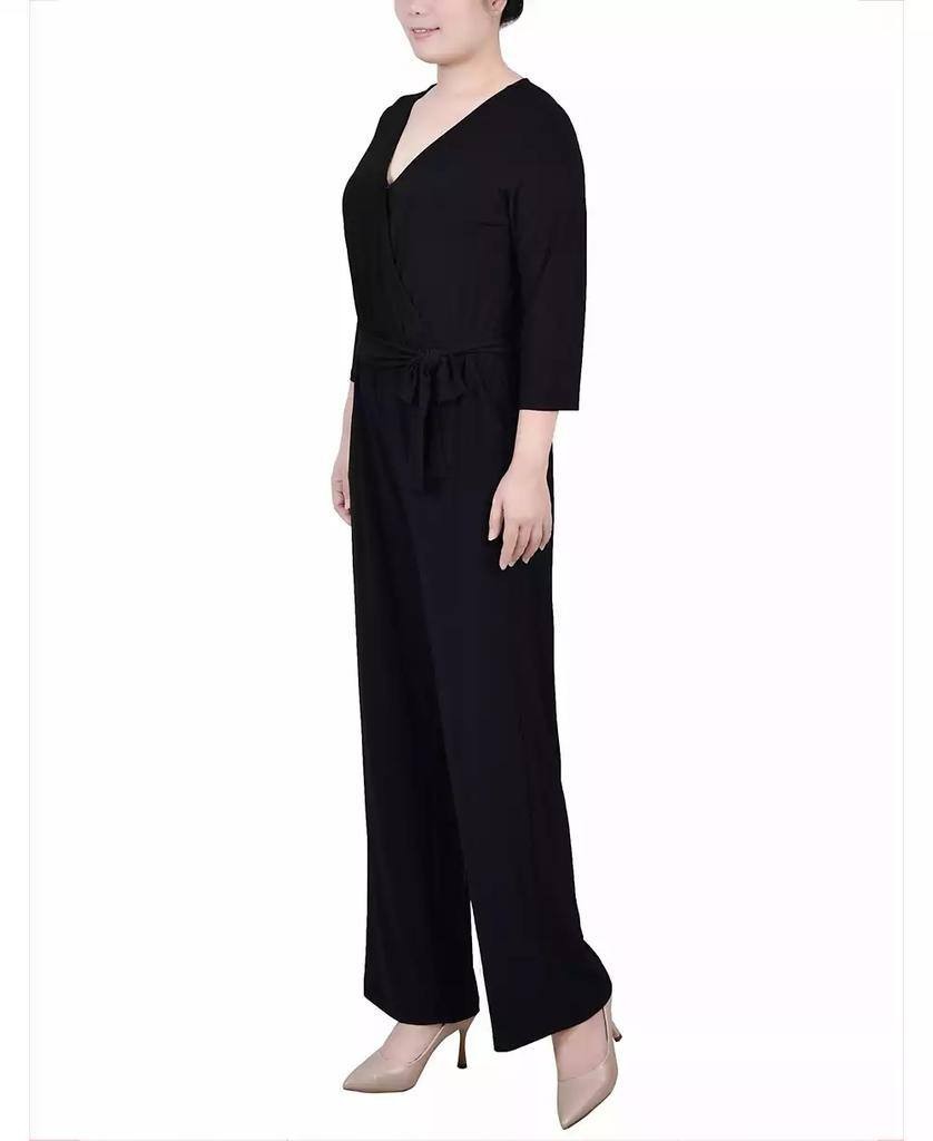 NY Collection Petite 3/4 Sleeve Belted Wide Leg Jumpsuit Black PM $66 NWT