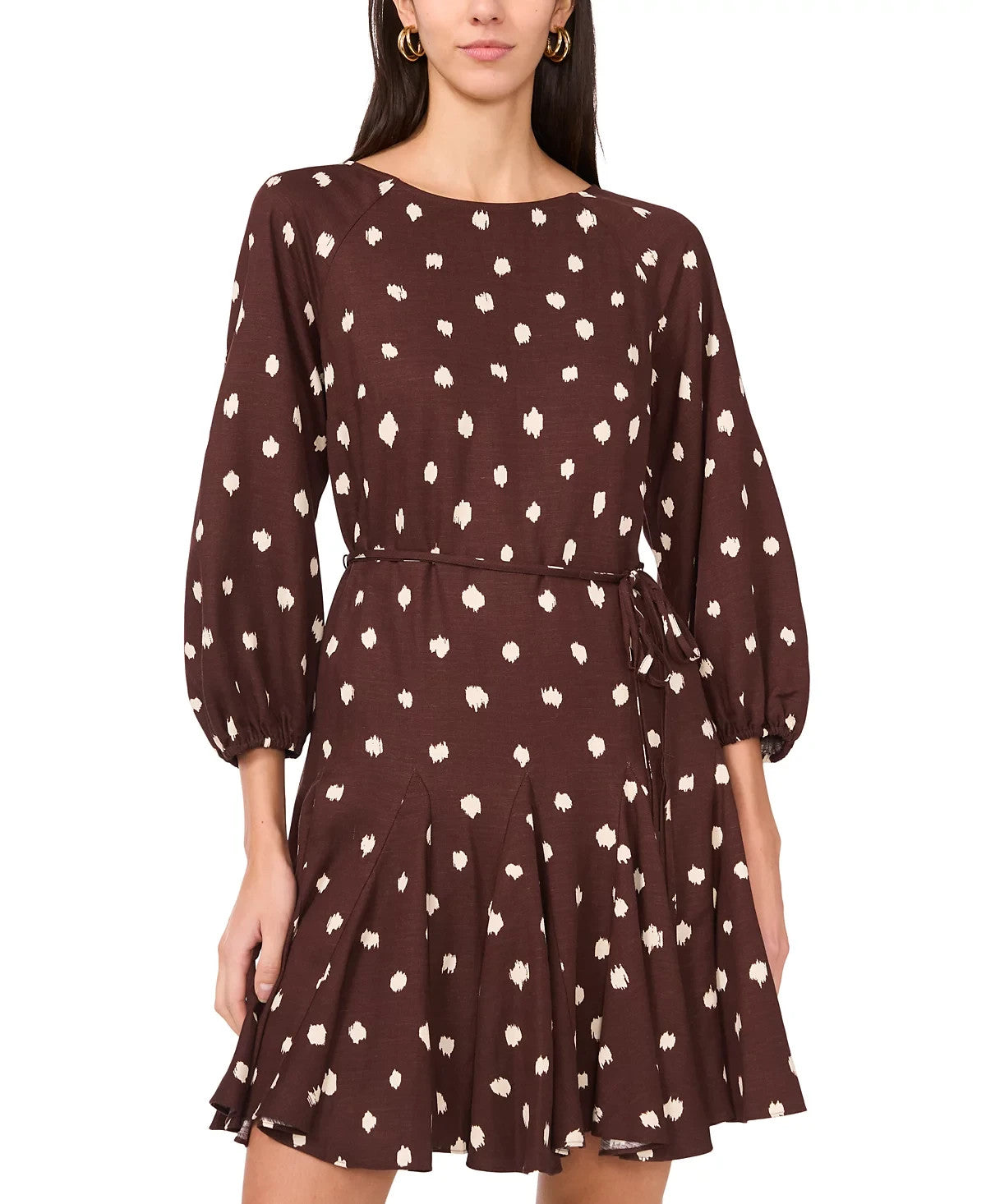 1.STATE Women's Dot Mini Dress Mahogany M – 3/4 Sleeve, Tie Waist