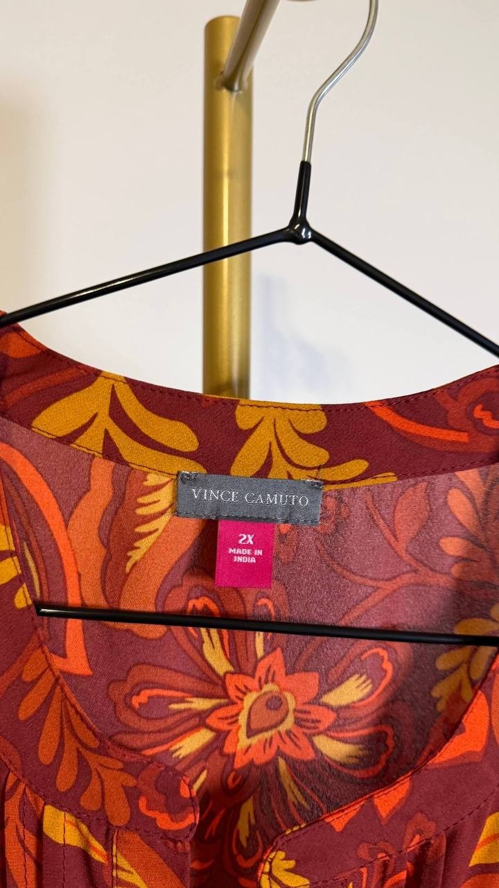 Vince Camuto Plus Split‑Neck Ruffle‑Cuff Floral Blouse Burgundy 2X $89 NWT