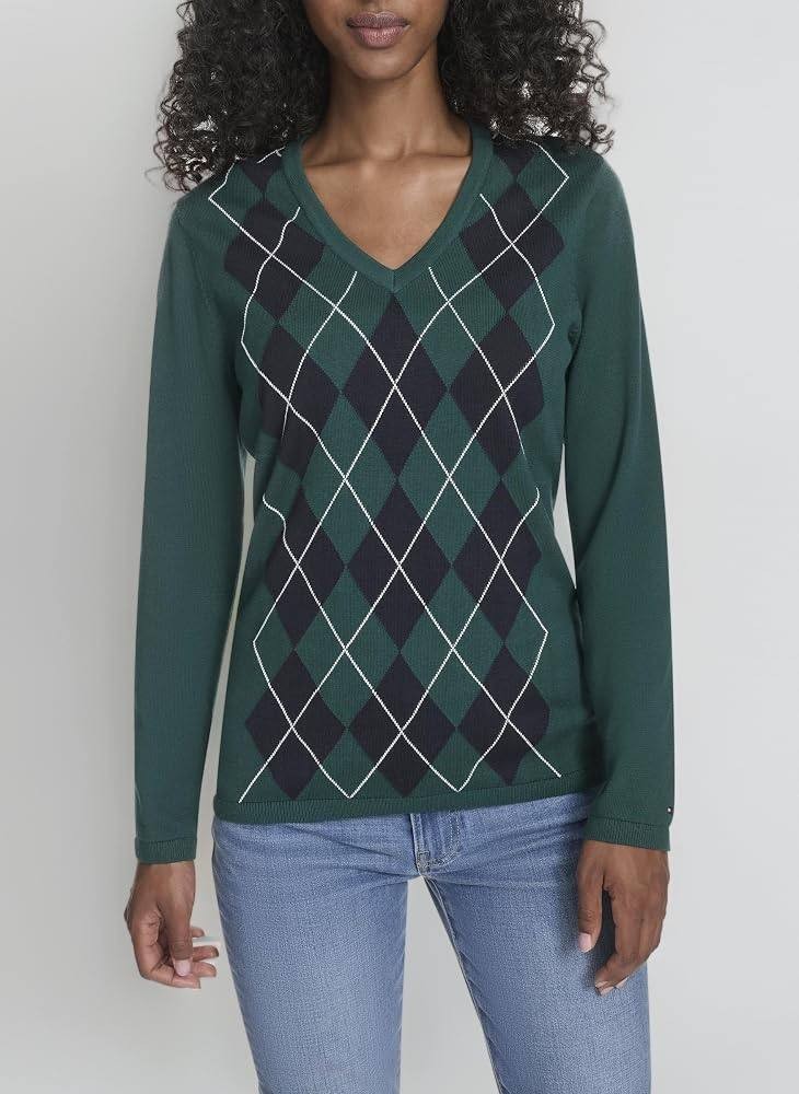 Tommy Hilfiger Cotton Argyle Ivy Sweater Forest Multi M NWT $69.50