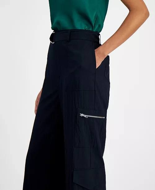 Bar III High Rise Belted Wide-Leg Cargo Pants Deep Black L NWT $59.50