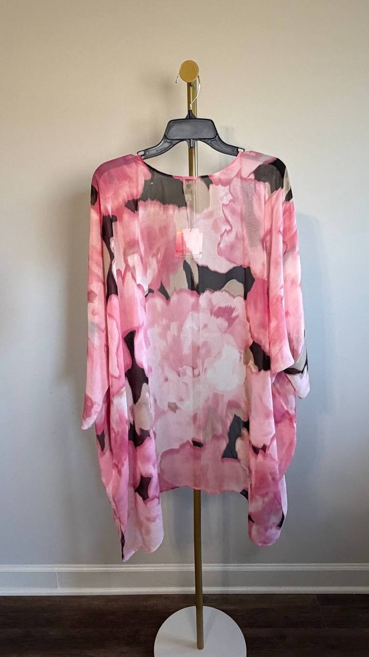 Anne Klein Plus Size Chiffon Kimono Peony Pink Multi S/M NWT $89