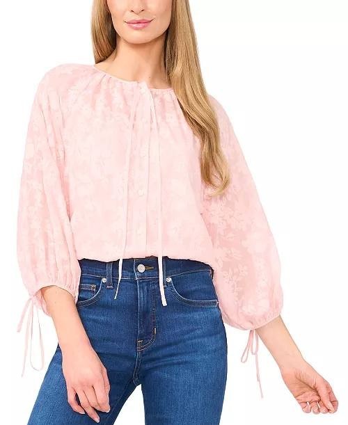 CeCe Blouse L Sugar Peach Floral Lace Puff Sleeve Button Front Feminine NWT