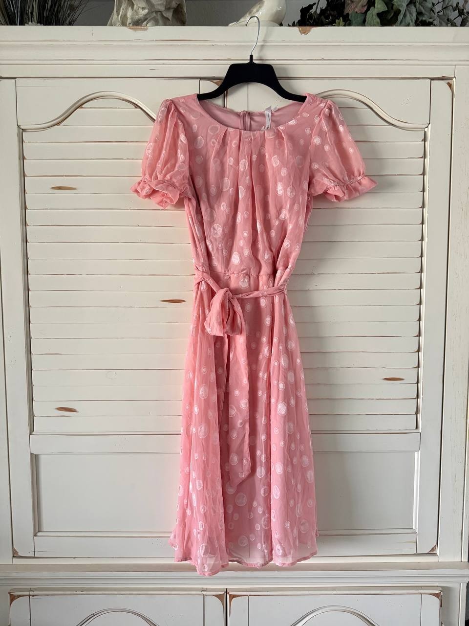 NY Collection Swiss Dot Dress – Size PM – NWT – Light Pink Belted Short Sleeve