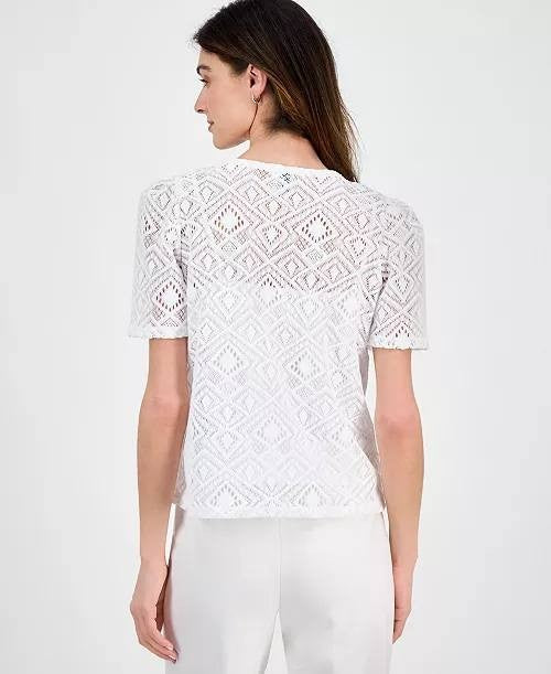 Anne Klein Lace Puff-Sleeve Top White XL Regular New With Tags Blouse NWT