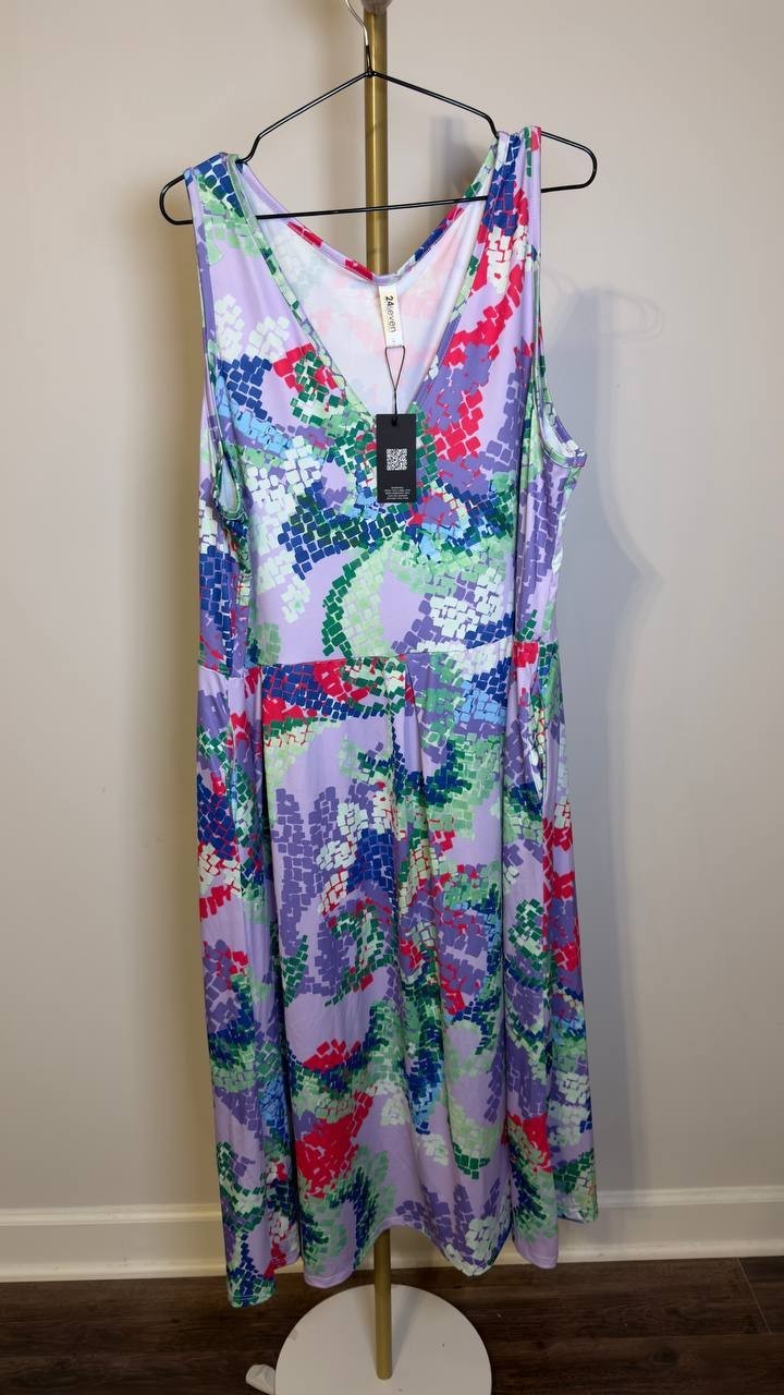 24seven Comfort Apparel Plus Abstract  Midi Dress Purple Multi 2XL NWT $64
