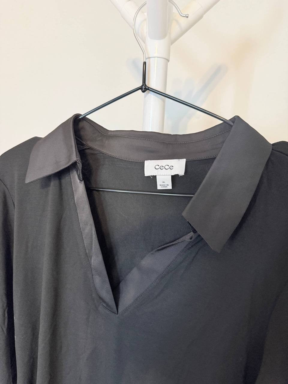 CeCe Collared V‑Neck Long‑Sleeve Top – Black – Size XL – NWT – $49