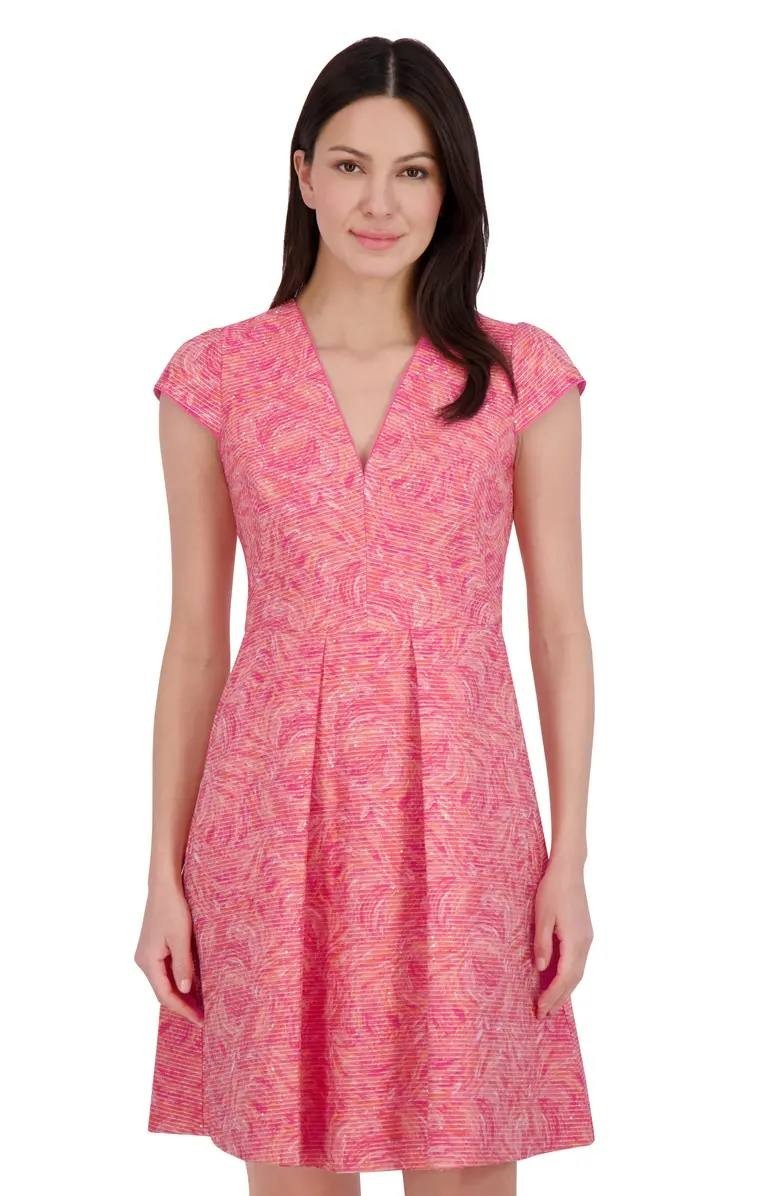Vince Camuto Metallic Floral Jacquard Fit & Flare Dress Pink 8 $178 NWT