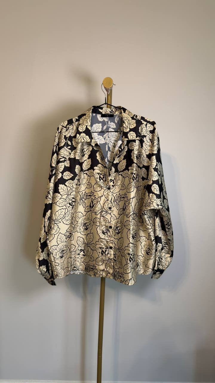 T Tahari Printed Dolman‑Sleeve Button Blouse Gold/Black L NWT $78