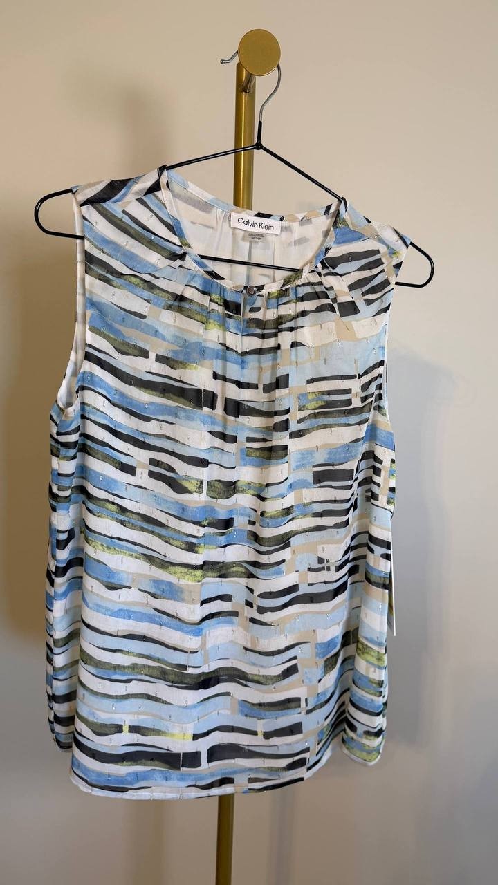 Calvin Klein Women’s Printed Pleated-Neck Sleeveless Top S $59 NWT