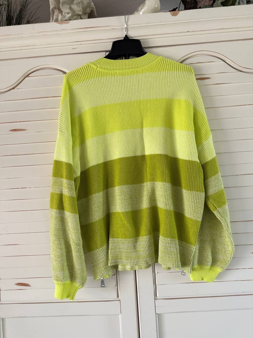 DKNY Sweater XL Yellow Green Stripe Cotton Nylon Ribbed Knit Pullover NWT