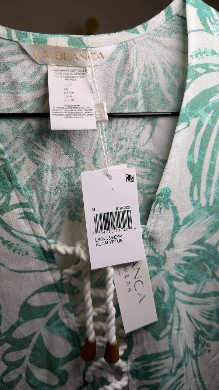 La Blanca Batiki Lace‑Front Tunic Cover‑Up Dress Eucalyptus S NWT $113