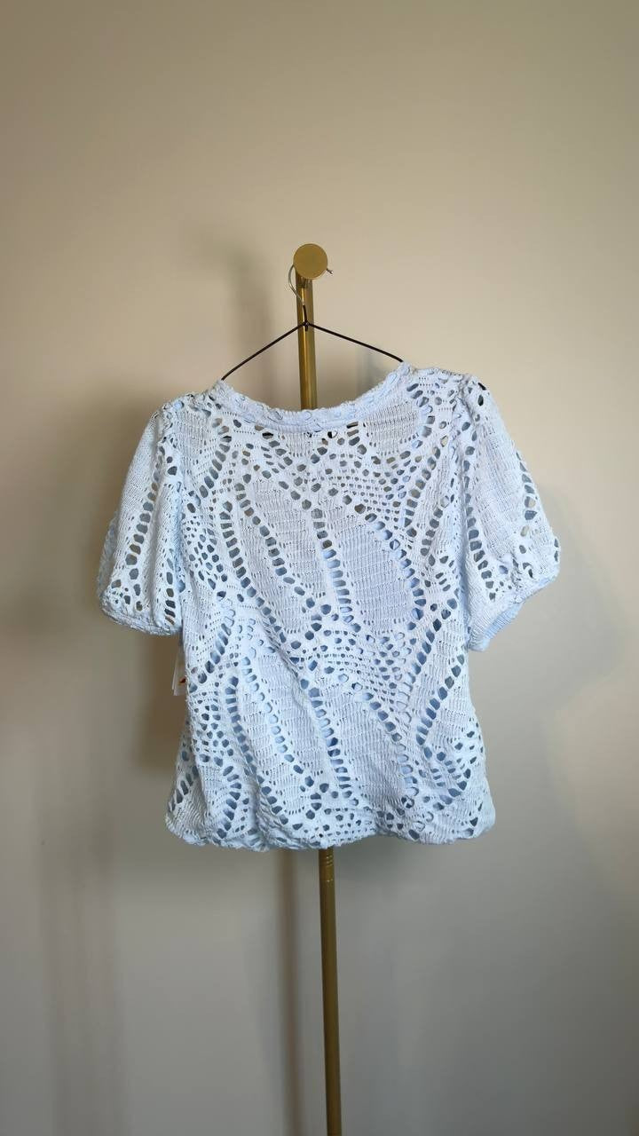 DKNY Leaf Crochet Short‑Sleeve Cotton Top Blue M NWT $99