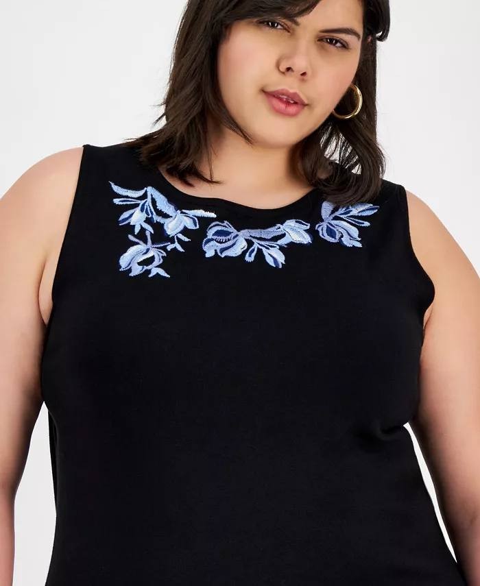Kasper Sleeveless Embroidered Boat Neck Blouse Black 2X NWT $69
