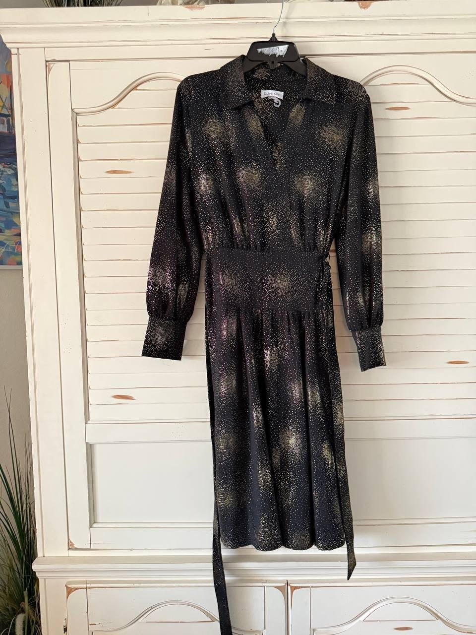 🖤 Calvin Klein Collared Self-Tie Belt A-Line Dress Black Size 8 -- Elegant Chic