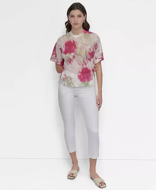 DKNY Watercolor‑Print Short‑Sleeve Sweater Blush Multi XS $89 NWT