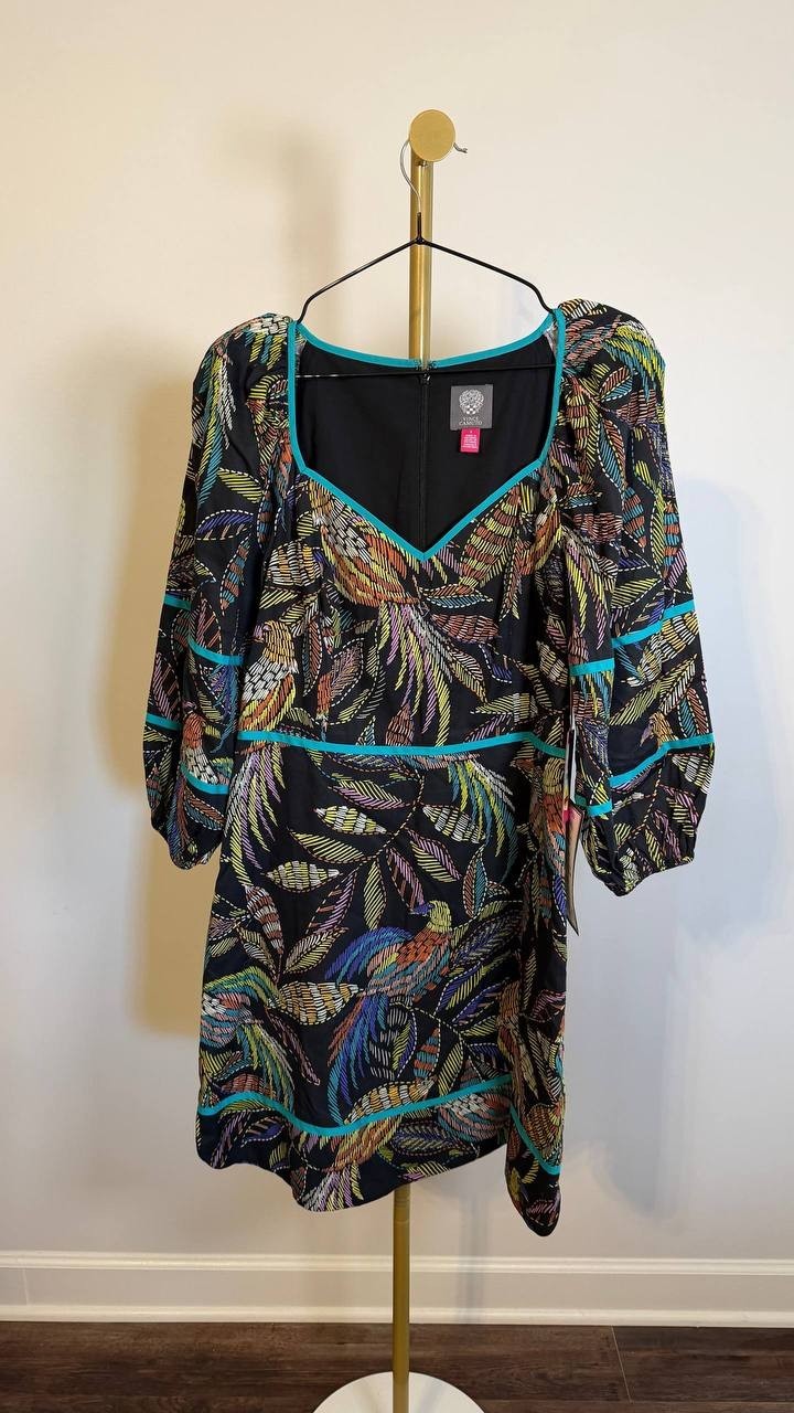 Vince Camuto Women’s Print Puff Sleeve V‑Neck Dress Multicolor Size 8 NWT $138