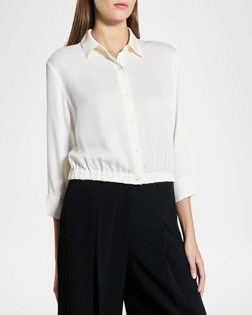 Theory Scrunched‑Sleeve Cropped Silk Button Shirt Ivory L NWT $365