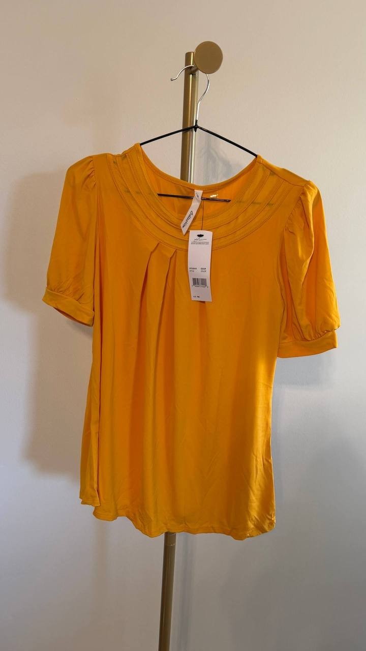 NY Collection Women’s Puff Sleeve Mesh Inset Top Golden Glow PM $42 NWT