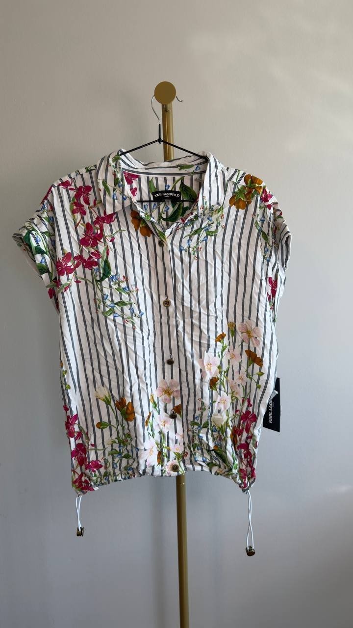 Karl Lagerfeld Paris Floral & Stripe Button‑Up Shirt Soft White Multi M NWT $99