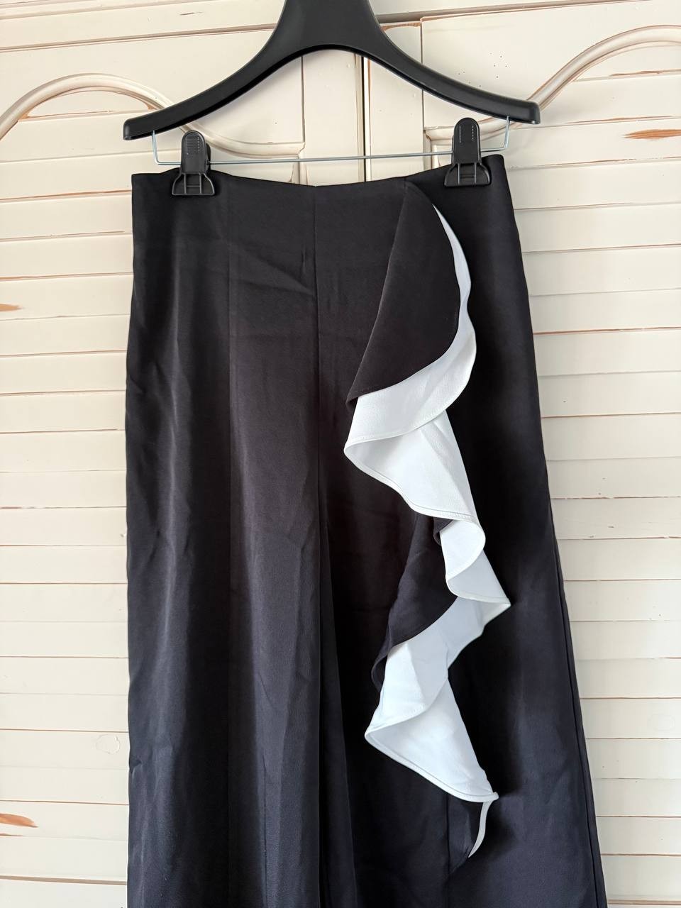 BEULAHSTYLE Black Wide-Leg Pants w/ White Ruffle Size S NWT $218