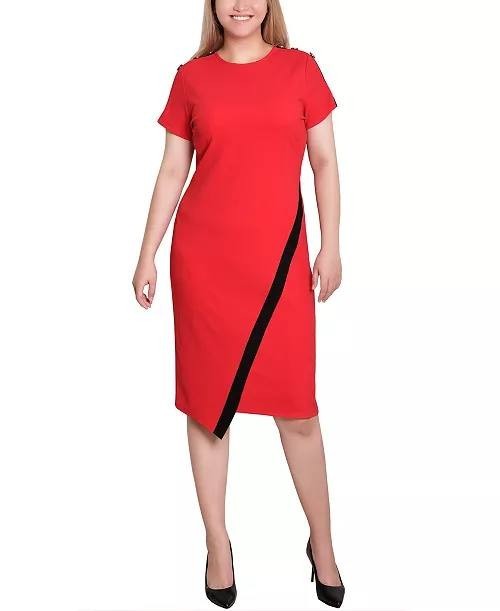 NY Collection Petite Asymmetrical Hem Dress Fire Red Black PXL $52 NWT