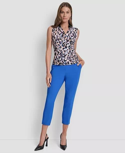 DKNY Top M Travertine Multi Printed Sleeveless Surplice Faux Leather Collar NWT