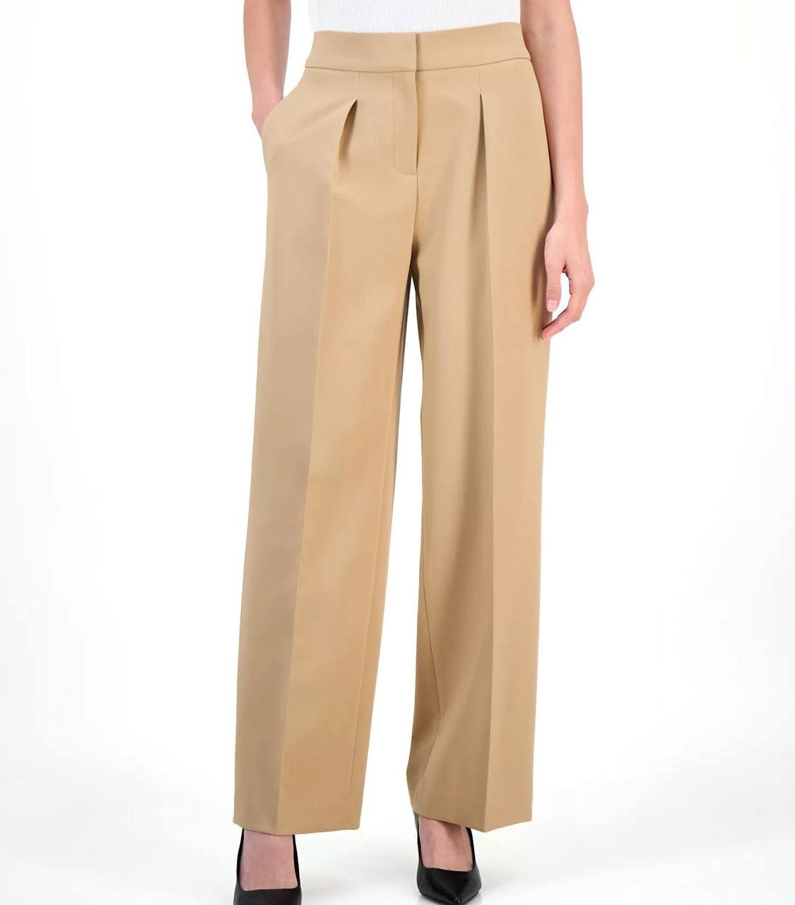 Anne Klein High-Rise Pleated Wide-Leg Twill Pants Beige 16 NWT $99