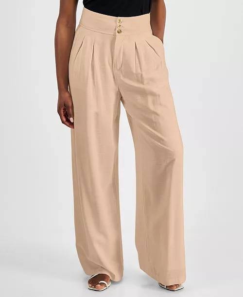 Bar III Petite Wide-Leg Pants Brown 10P NWT High-Rise Pleated Front Office