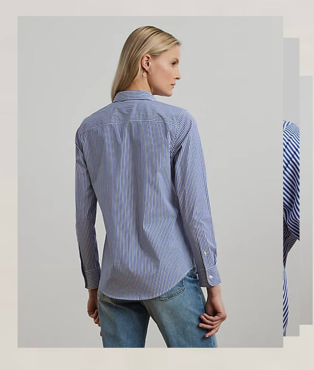 Ralph Lauren Shirt PS Blue White Stripe Button Front Long Sleeve Cotton Used