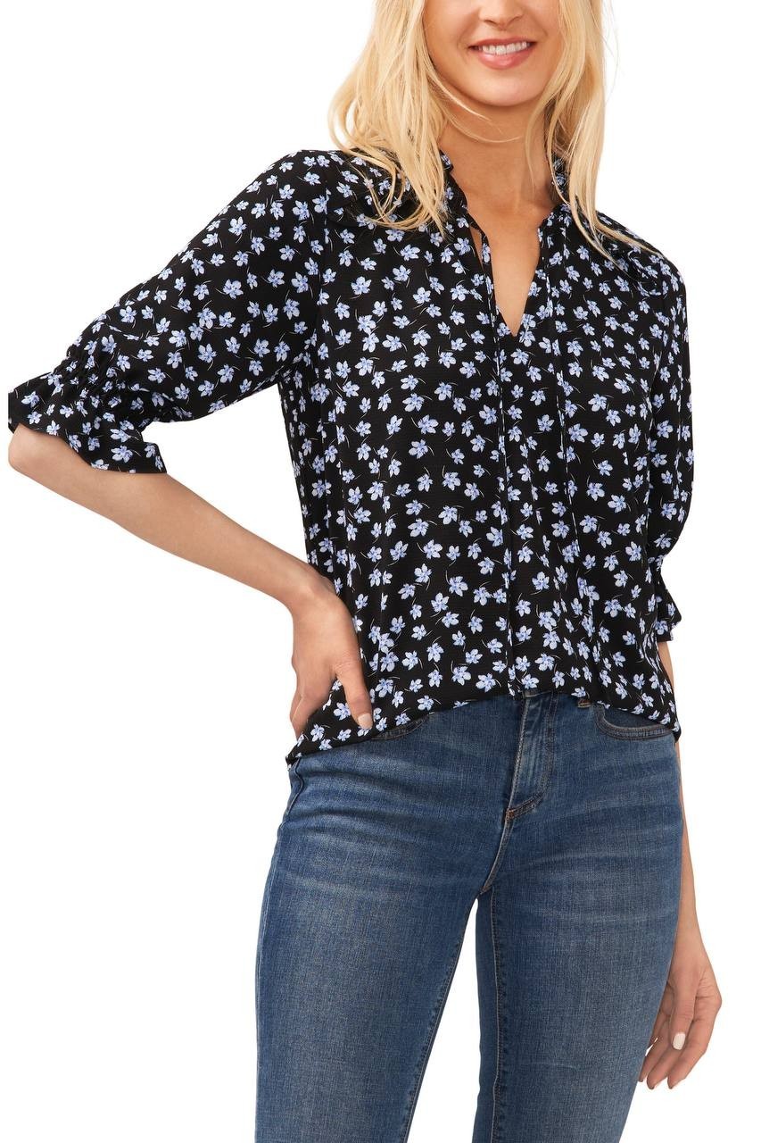 CeCe Floral Split‑Neck Elbow‑Sleeve Blouse Reach Black L NWT $79