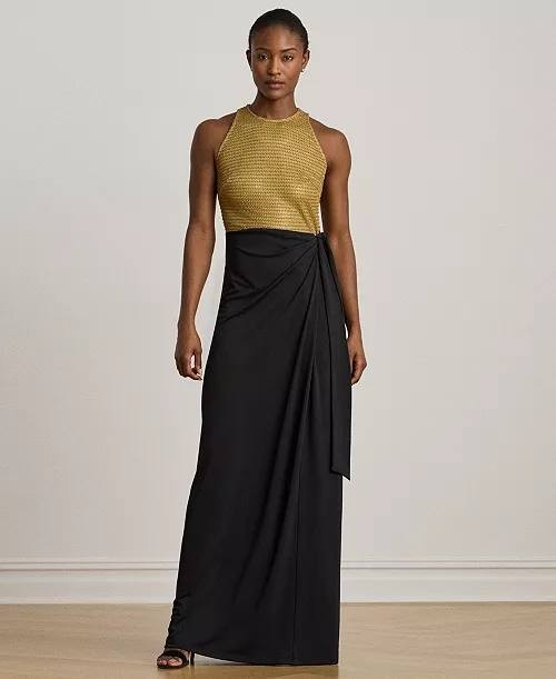 Lauren Ralph Lauren Beaded Mesh Jersey Tie-Front Gown Gold/Black 8 NWT $45