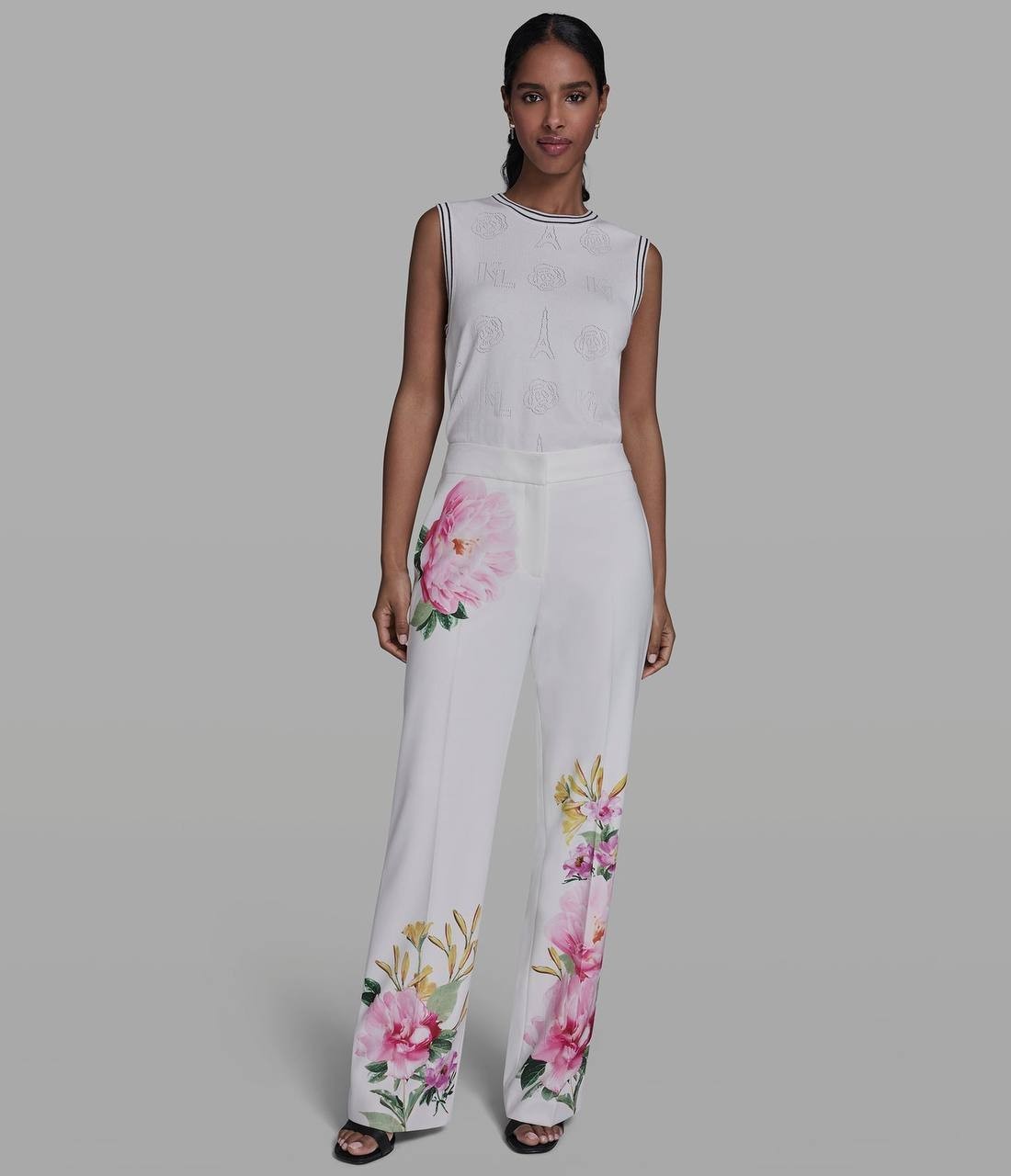 Karl Lagerfeld Mid-Rise Floral Straight-Leg Pant Soft White Multi 8 NWT $139