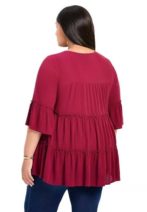 Avenue Plus Size Amy Tiered Bell Sleeve V‑Neck Blouse Berry 26‑28 NWT $60