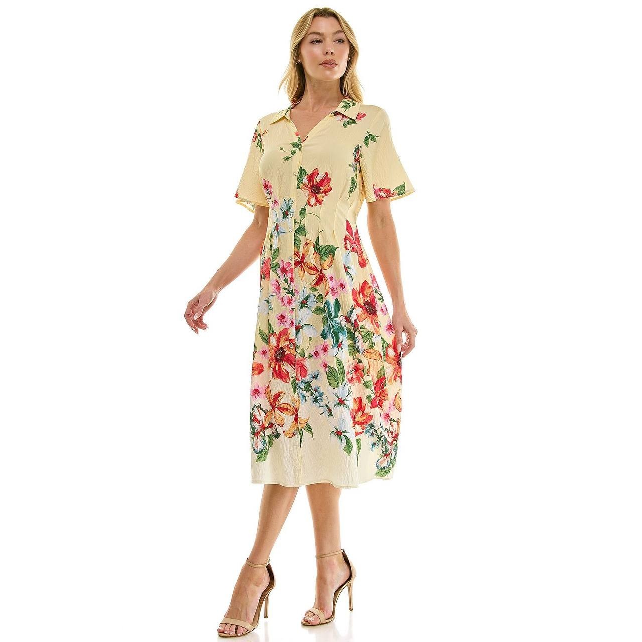 Figueroa & Flower Printed Peasant Dress Banana Multi S NWOT $72.99