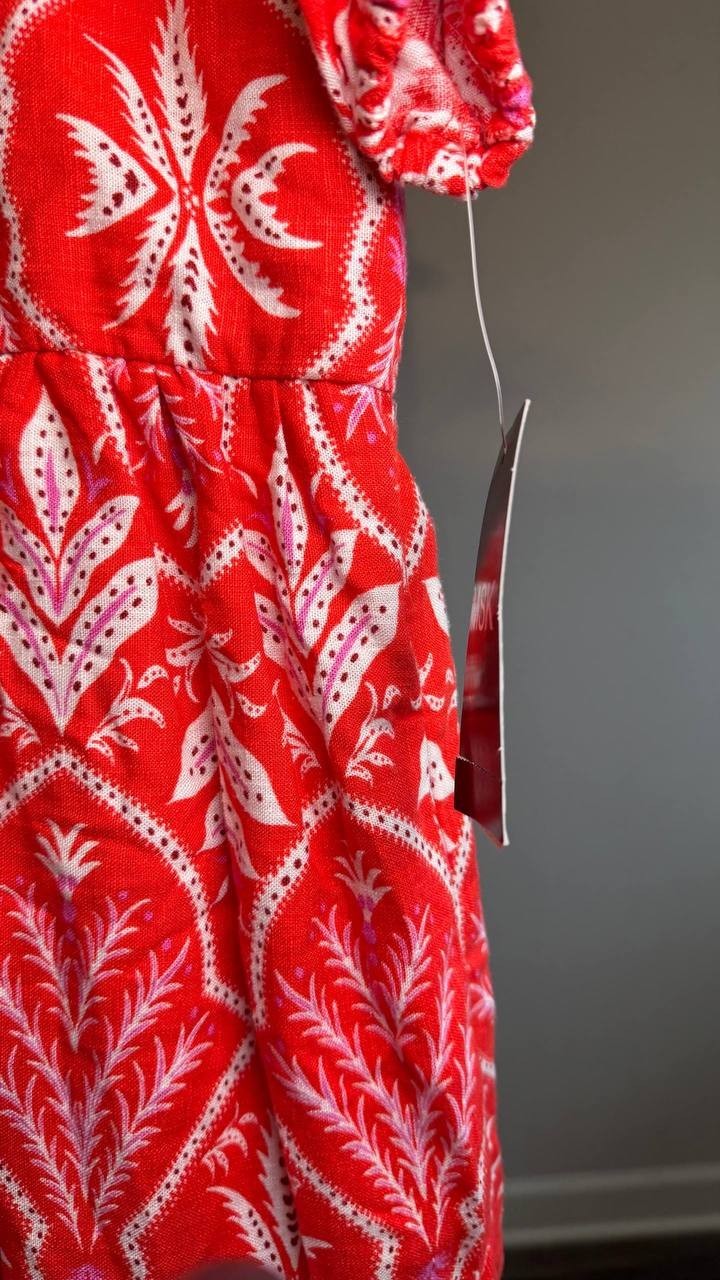 MSK Printed Tie‑Neck Short‑Sleeve Fit & Flare Dress Red XS NWT $89