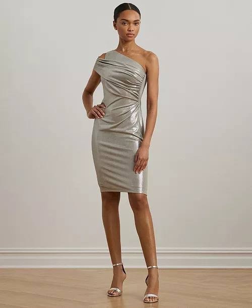 Lauren Ralph Lauren Metallic One‑Shoulder Cocktail Dress Silver 16 NWT $225